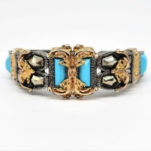 Alexis Bittar Turquoise Glass and Swarovski Crystal Mixed Metal Ormolu Cuff